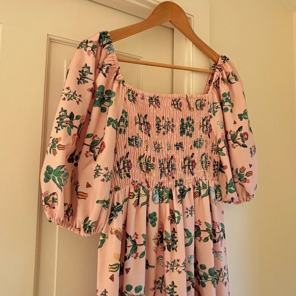 Pink and green botanical puff sleeve midi - Picture 4 of 8